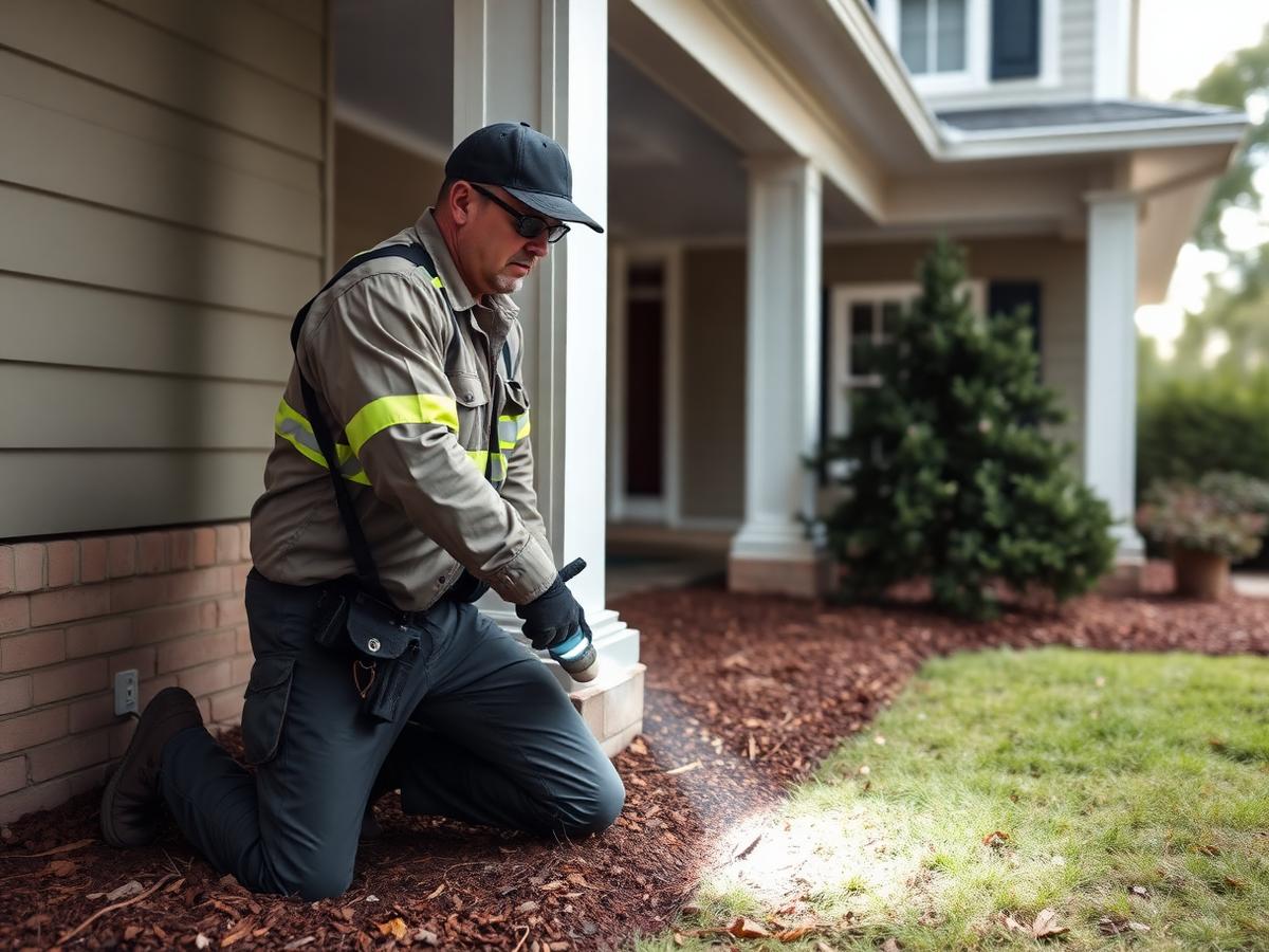 Local Atlanta pest control technician inspecting a home foundation